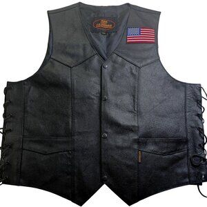 Mens Black Leather Motorcycle Vest 3XL With USA Flag & Harley Patch By Hot Leath